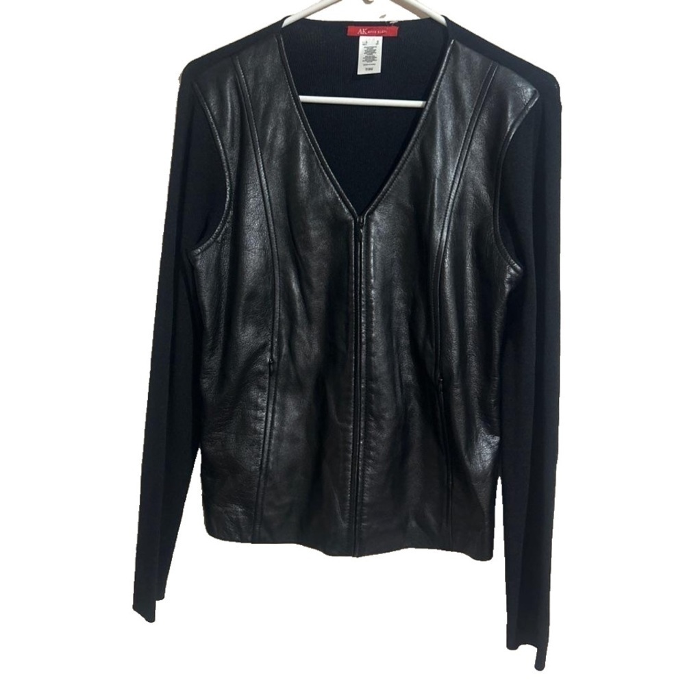 NWOT Anne Klein Black Leather Mandarin-Collar Zip-Up Jacket Size Small